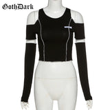 Dark E-girl Style Patchwork Black T-shirts Gothic Open Shoulder Sleeve Y2k Crop Tops Ruffles Hem Hip Hop Techwear Women