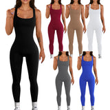 Fongt Women's Solid-Color Sleeveless Vest Jumpsuit Threaded Collared Back-Up-To-Back-Up-Up Sport-Joint Trousers