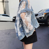 Mujer Summer Streetwear Embroidery Lace Patchwork Sexy Denim Jacket Women Frayed Tassel Loose Jeans Coat oversized