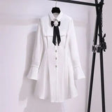 Spring Fashion Long Sleeve Elegant White Bow Collar Midi Dress For Women French Vintage OL Single Breasted Suits Femme