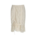 Temperament Pure Color Pleated Lace Skirt 2024 New Low-Waist Basic Leisure Medium-Length Skirt-Outfit