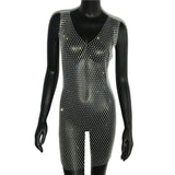 Sale Fishnet Bling Crystal Diamonds Dress Grid Sleeveless O Neck Sexy See Through Women Skinny Mini Dresses Night