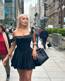 Black Square Neck Pleated Dress Mini Lovely Casual A Line Birthday Party Dresses Sexy Women Clothes-Outfit
