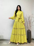 Fongt Gentle Style Dress Spring Dress Design Hollow Lace Splicing Bubble Sleeve Dress Holiday Dress