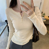 Super-Good-Looking Hollowed-Out Jacquard Three-Button Long-Sleeved T-Shirt Women's Spring And Autumn 2024 New Undershirt