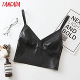 women sexy pu leather patchwork strethy camis top spaghetti strap sleeveless backless shirts solid tops