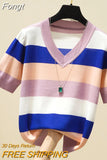 Striped V-Neck Pullover Women Short Sleeve T Shirt New Thin Summer Tops Knitted Tshirts Korean Fashion Womens