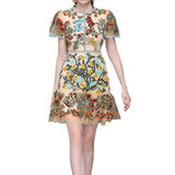 2020 Fashion Runway Summer Dress Women's Flare Sleeve Floral Embroidery Elegant Mesh Hollow Out Midi