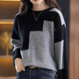 Dye Spring Fall Knit Tops Women Casual Patchwork Korean Sweaters Design Contrasting Colors Pullover O-neck Knitwear