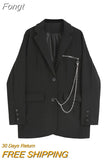 Autumn Winter Elegant Black Gothic Women's Blazer Jacket Casual Fashion Solid Double-breasted Pocket Chain Coat