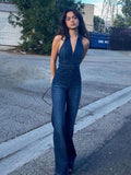 Halter Neck Denim Jumpsuit-Outfit