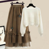 Winter Knitted 2 Piece Sets Women Long Sleeve Knitted Sweater And High Waist Mesh Long Skirts Sets For Women