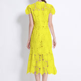 Fongt High-End Heavy Industry Hollow Water-Soluble Lace Collar Dress Female Summer Temperament Elegant Fishtail Dress Dress
