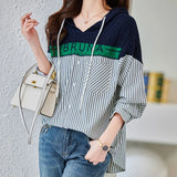 Loose Hooded Striped Blouse Women's Clothing Letter Knitted Patchwork 2023 Spring Autumn Casual Drawstring Pockets Shirt-Outfit