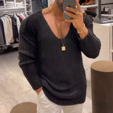 Men Daily Solid V Neck Simple Sweater Casual Gentleman Long Sleeve Slim Knitted Pullover Winter Male Streetwear