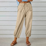 Loose High Waist Button Cotton And Linen Trousers Cropped