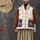 New Retro National Style Down Vest Outside The Female Wear Plate Buckle White Duck Down Pocket Embroidered Vest Down Inside-Outfit
