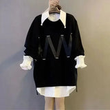 Women's Korean Turn-down Collar Shirt Fashion Spliced Solid Color Knitted Sweaters Two Piece Sets Autumn Female Clothing 2023-Outfit