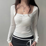 Solid Color Square Neck Lace Trim Bow Tee-Outfit