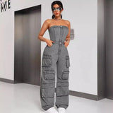 Fongt Women's Denim Cloth Jumpsuit Women's Fashion Babes Breasts Multi-Pocket Work Pants