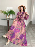 Fongt Retro Elegant Dress Women's Summer New Sweet Wooden Ear Splicing Long Sleeves Waist-Print Dress