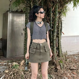 Retro Basic Black Striped Tshirts Y2K Streetwear Pockets Green Mini Cargo Skirts Women Korean Fashion Two Peice
