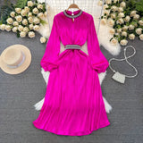 Light And Extravagant Miyake Pleated Long-Sleeved Diamond-Encrusted Vertical Collar Waist Showing Thin Bright Face A-Shaped Dress Dress-Outfit