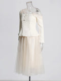Fashion Temperament Set Women's Spring 2025 New Net Yarn Stitching Design With Long-Sleeved Body Skirt