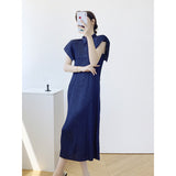 Fongt Folding Polo Collar Dress Women Loose Thin Fashion High Elegant Temperament Long Dress