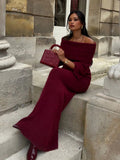 Burgundy Off Shoulder Fold Knit Midi Dress-Outfit