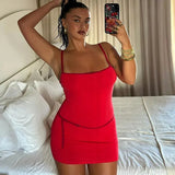 Patchwork Solid Spaghetti Bodycon Dress-Outfit