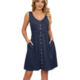 / Summer 2023 Solid Color Sleeveless Button Pocket Round Collar Slit Closed Waist Dress-Outfit