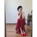 Fongt Casual Temperament Wave Point Print Hanging Neck V-Neck Dress Korean Waist Thin Dress