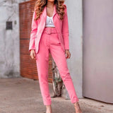 Women Solid Suit Coat Sets 2Pc Long Sleeve Cardigan Belt Trousers Suits Autumn Femme Formal Suit Coat Pencil Pants