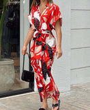 Fongt Summer Single Buckle Long Shirt Women's Printed Short-Sleeved Dress