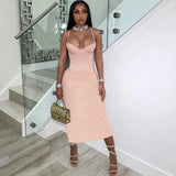 Women Sexy Spahgetti Strap Solid Elegant Maxi Low Neck Body-Shaping Cleavage Skirt Party Clubwear Female