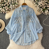 Fongt Gas Age Reduction Shirt Female French Heavy Industry Shiny Embroidery Diamond Set High-End Lantern Sleeve Thin Top Tide