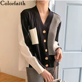 New 2021 Women's Autumn Winter Sweater Elegant Patchwork Cardigans Oversized Fashionable Striped Lady Tops