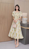 Fongt 2025 New French Holiday Collar Shoulder Short Sleeves To Show Thin Flowers Long Orange Truss Dress