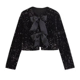 Fongt Women's 2025 Spring 2025 New V-Neck Bow Ornament Party Lien Slide Short Jacket Jacket