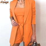 and Summer Solid Color Vest Suit Jacket Fashion Temperament High Waist Shorts Three-piece Women's Dress Pink
