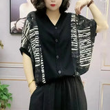 Striped Patchwork Blouse Korean Loose V-Neck Button Female Clothing Casual Short Sleeve Summer Stylish Commute Shirt-Outfit