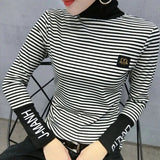 Striped Letter Spliced T-shirt Female Clothing Fashion Patch Designs 2023 Spring Autumn Slim Korean Turtleneck Pullovers-Outfit
