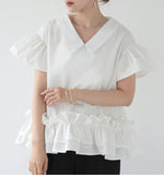 Style Patchwork Ruffles Beads Shirts & Blouses 2024 Woman Blusas Short Sleeve Camisas V-neck Ropa Mujer Summer Tops-Outfit