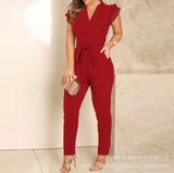 2023 E-Commerce Women's South American Women's V-Collar Pleated Flying Sleeves Solid Color Jumpsuit Lace-Outfit