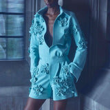 Fongt Spring New Fashion Temperament Three-Dimensional Flower Design Sense Closed Waist Show Thin Jumpsuit Shorts-Outfit