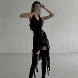 Fongt New Sexy Pure Desire Wind Deep V Hanging Neck Flounce Irregular Slim