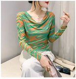 Spring Summer Double-Layer Mesh Top Long Sleeve Printing T-shirt Woman Slim Fitting Tee For Female-Outfit
