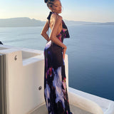 Fongt Women's Clothing 2025 New Digital Printing Sexy Hanging Collar Long Mid-Long Dress Woman
