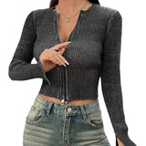 Fongt Vintage Autumn Pair Hottie Double-Opened Zipper Sexy Blouse Woman